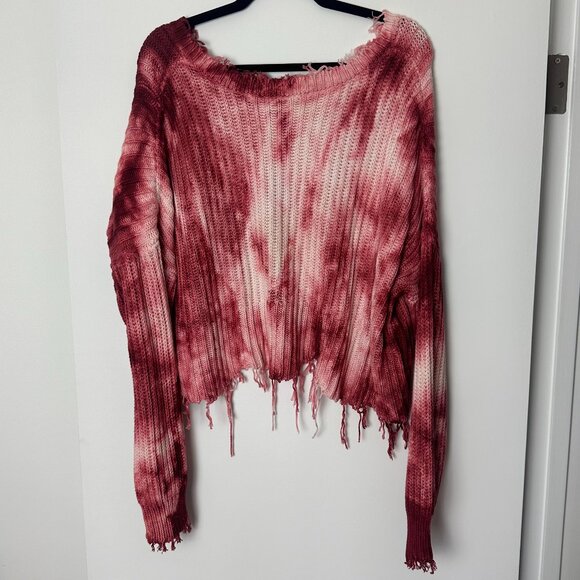 Red & White Tie Dye Distressed Cropped Sweater Skylar & Madison - Picture 1 of 6